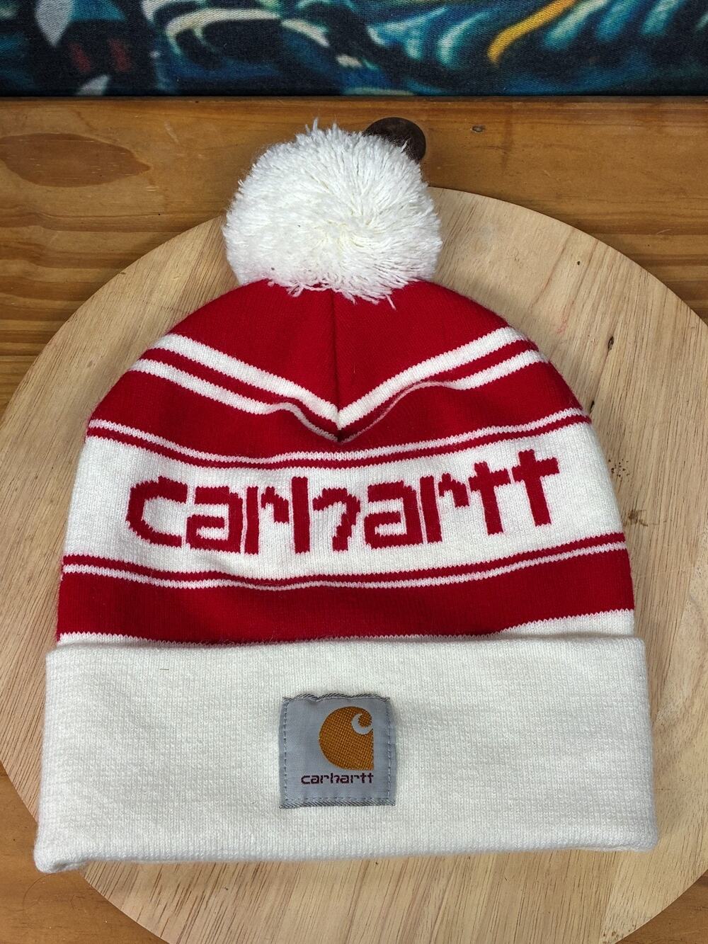 Carhartt Pom Beanie Red White Logo Knit Cuffed Winter Hat Workwear Streetwear